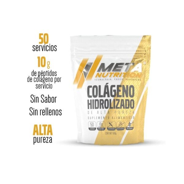 Bolsa de colágeno hidrolizado meta nutrtion sin sabor, ideal para articulaciones y piel.