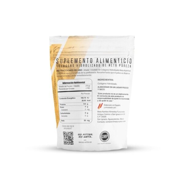 tabla nutricional bolsa de colágeno hidrolizado meta nutrtion sin sabor, ideal para articulaciones y piel.