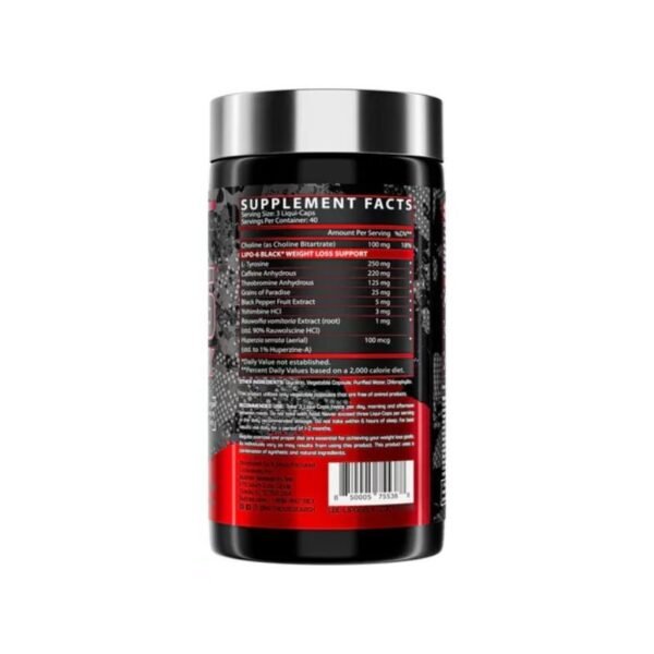 tabla nutricional de LIPO6 black para termogénesis y definición muscular, reducir tallas, bajar de peso. 120 soft gel