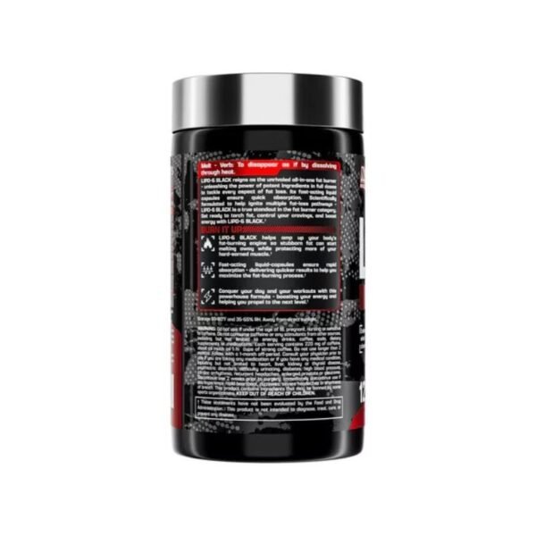 parte de lado del frasco LIPO6 black para termogénesis y definición muscular, reducir tallas, bajar de peso. 120 soft gel