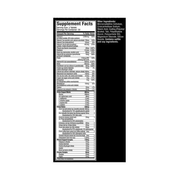 tabla nutricional Multivitamínico Platinum Muscletech 25 vitaminas, minerales para energía, recuperación y defensas.Esencial para atletas